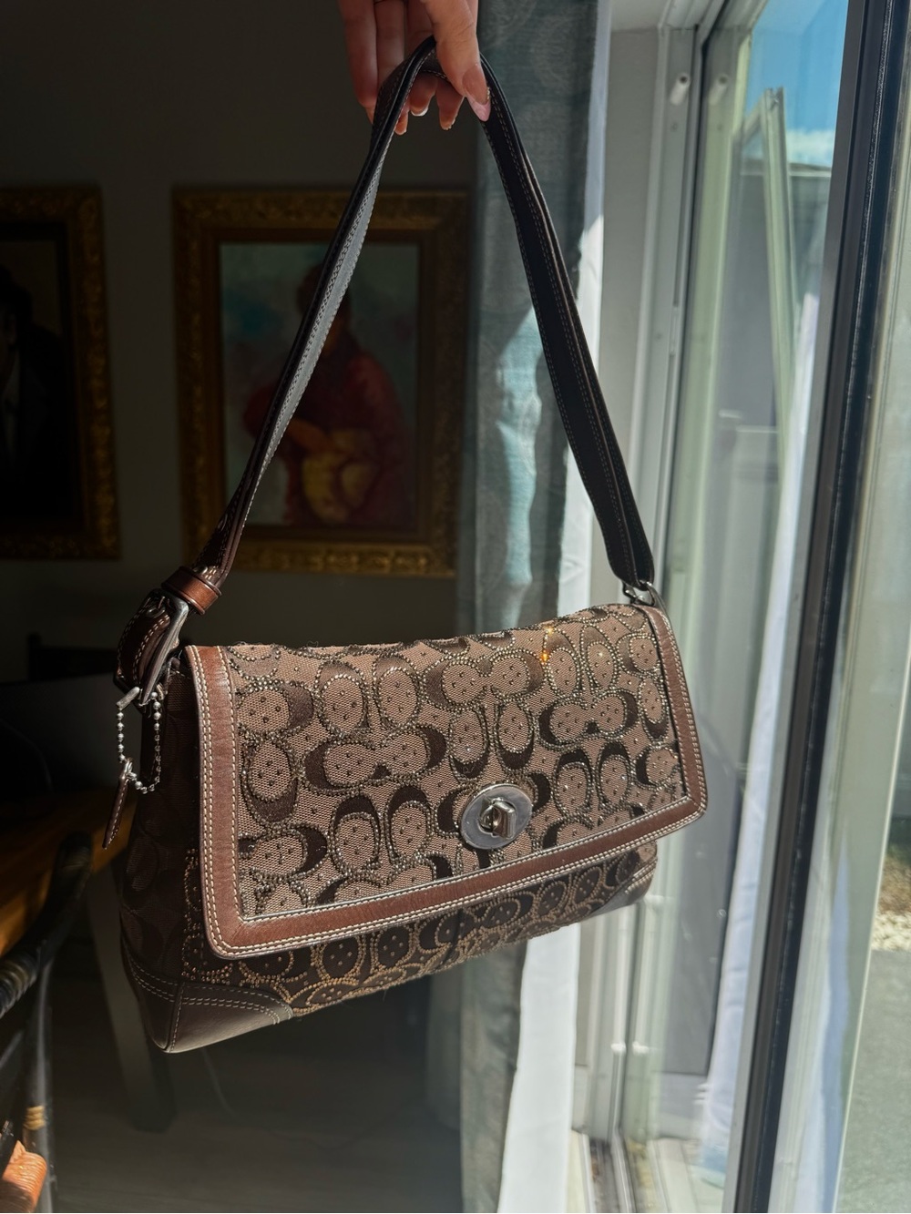 Hand-bedazzled crystal Coach Hamptons Signature Monogram Flap Bag